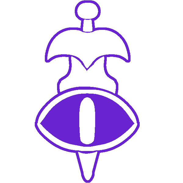 A purple eye in front of an ornate white blade, outlined with purple. 
